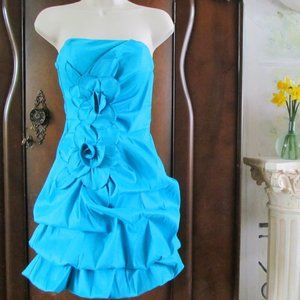 Y2K PROM & PARTY STRAPLESS MINI DRESS, 5 JR, TURQUOISE w ROSES by SEQUIN HEARTS